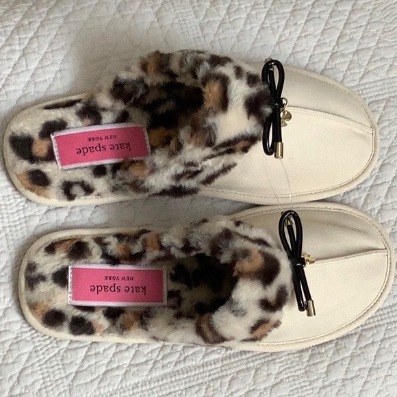 Kate Spade Slippers Size 6 Lacey Suede Bow Classic Cream Leopard Cozy Fur NWT - Picture 7 of 7